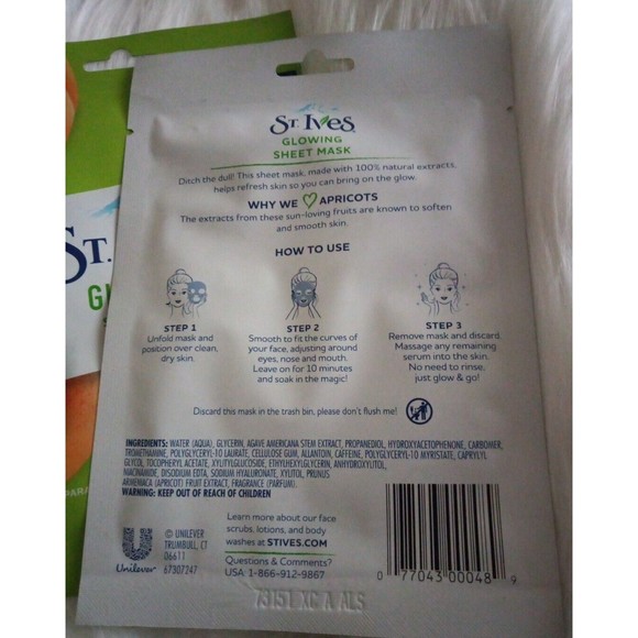 2x St Ives GLOWING Apricot Sheet Mask, 100%Natural, Paraben Free 8oz NIP - Picture 3 of 3
